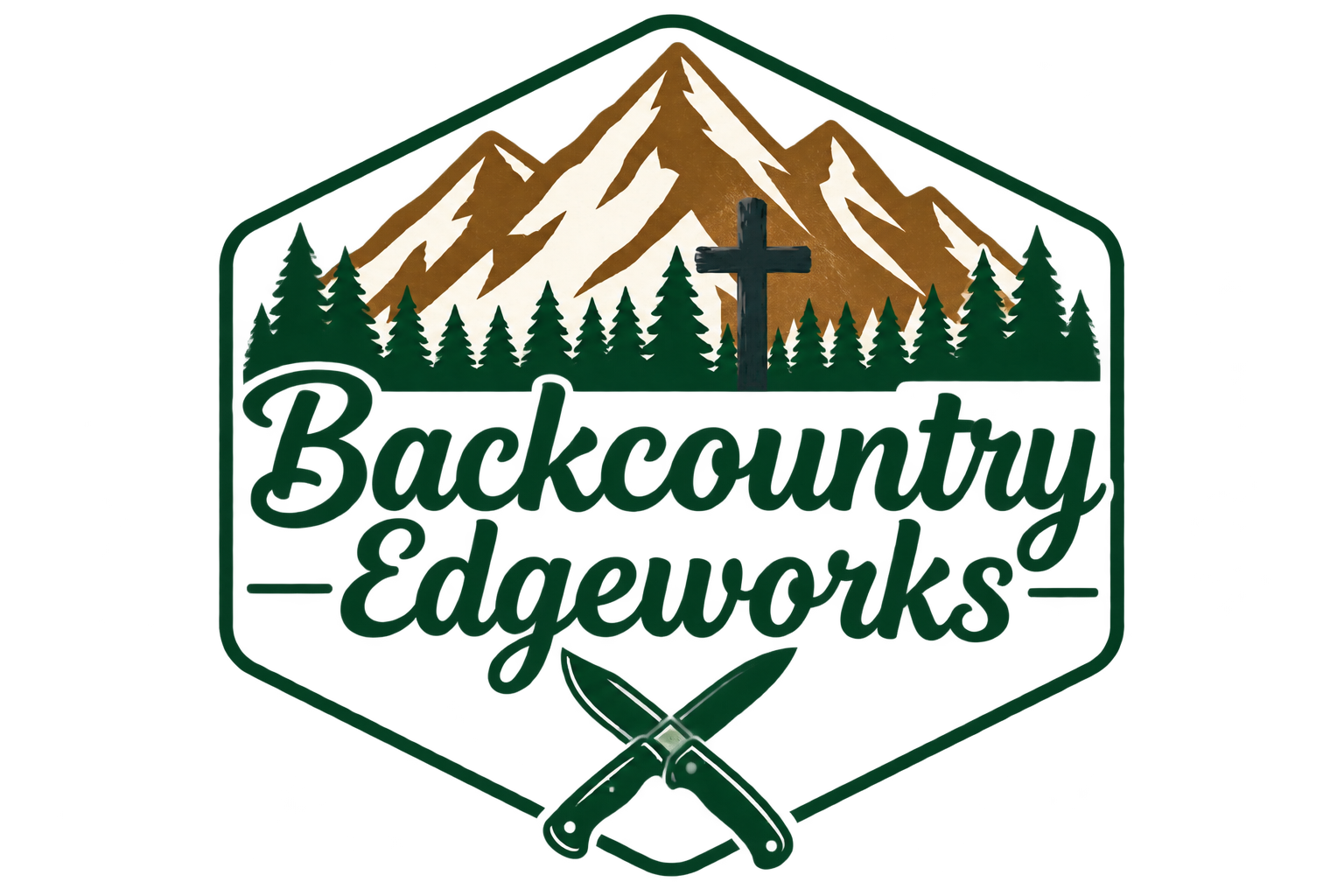 Backcountry Edgeworks mountain, trees, cross, and crossed blades logo